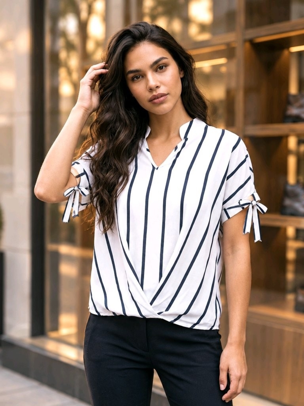 Loguin Style Guide Striped Twist-Front Tie-Sleeve Blouse – White & Navy